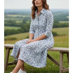 Livro Kurta Blue White Floral Print Cottagecore Prairie Preppy Cotton Dress XS